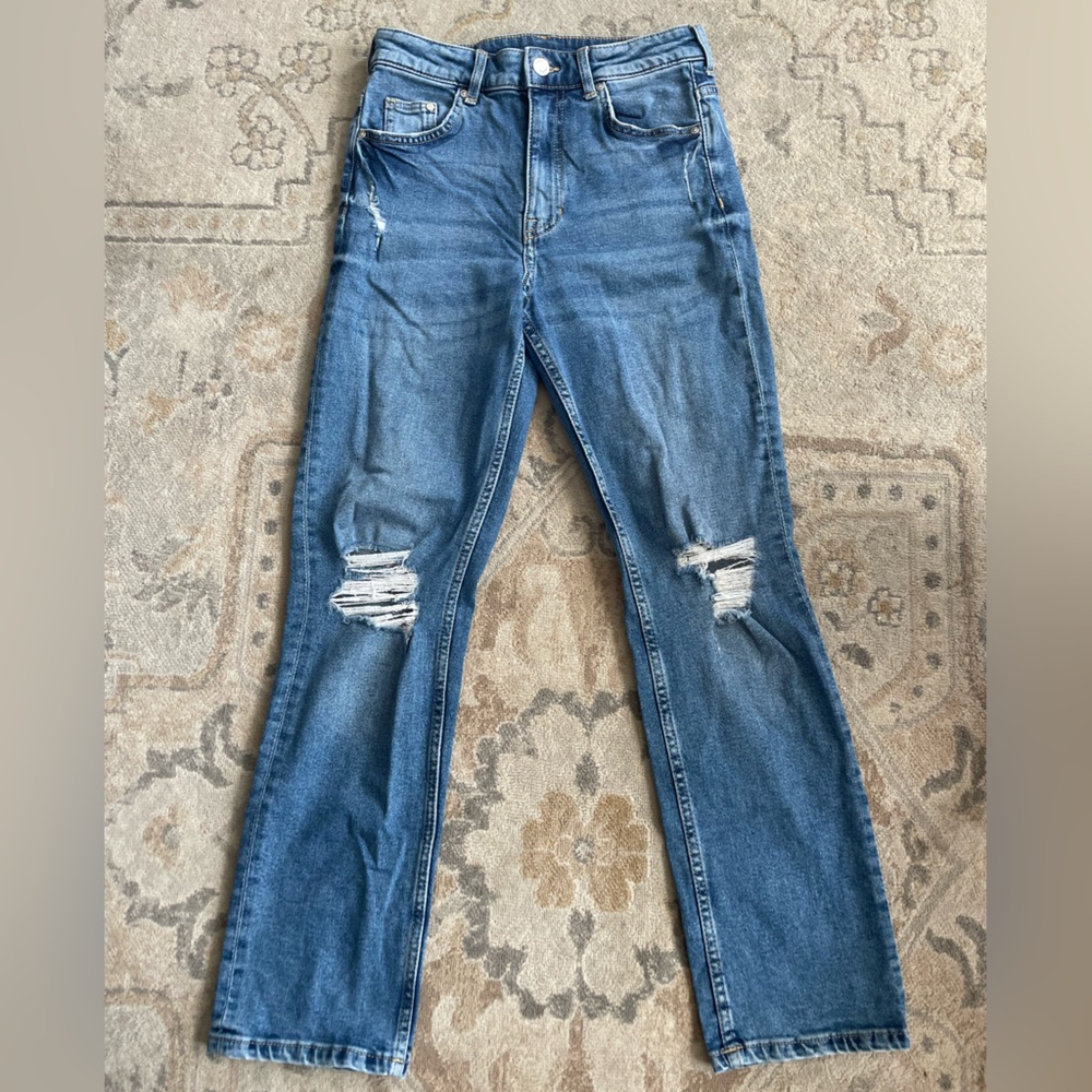 &Denim Medium Wash Distressed High-Rise Straight Leg Jeans